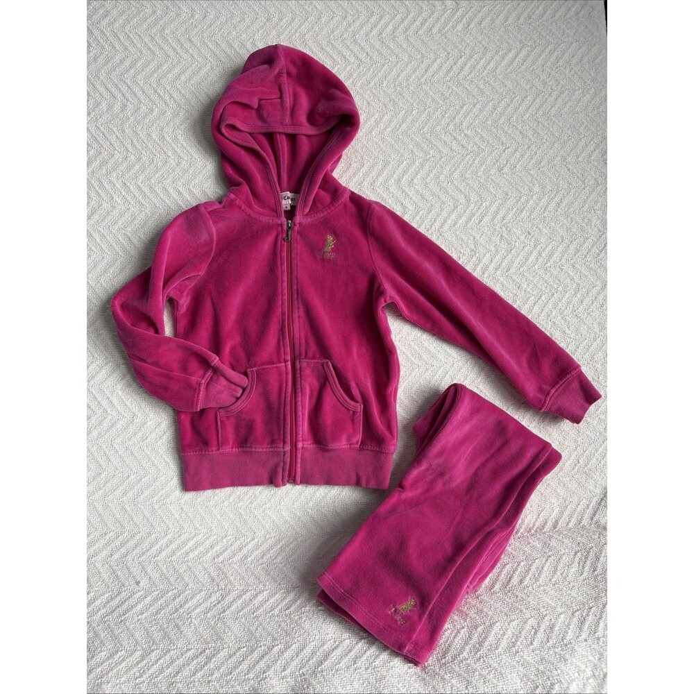Juicy Couture Girls Velour Tracksuit Sz 4 Hot Pink Gold Crown Bear Bling Lounge